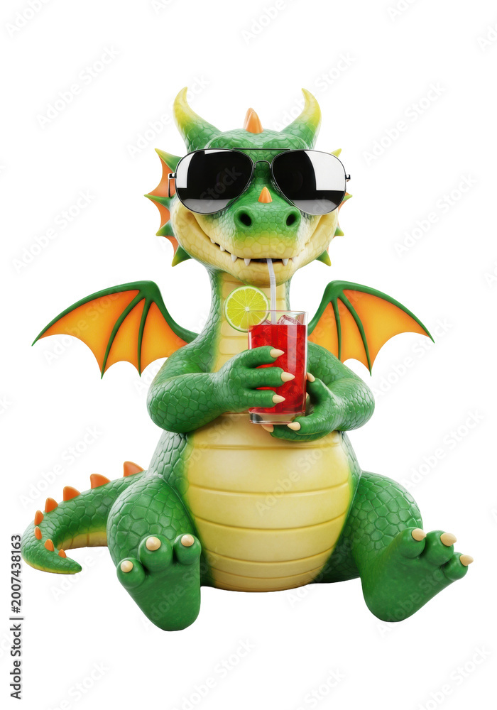 Fototapeta premium Ultra-realistic 3d emerald green anthropomorphic dragon mascot in mirrored aviators, sipping a ruby iced cocktail from a highball glass with a lime slice, on white. Concept for summer beverage