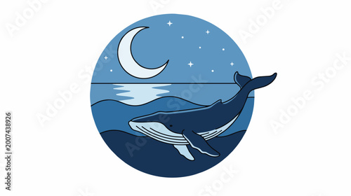 Whale Swimming Under the Moon in the Ocean.