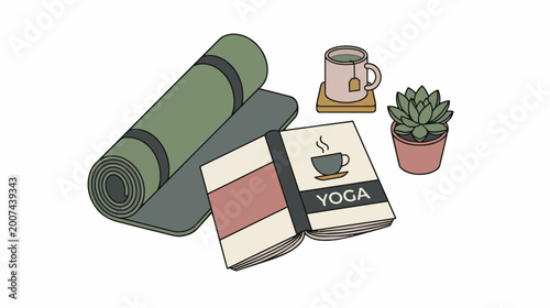 Yoga essentials: mat book tea and succulent plant.