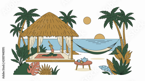 Tropical Beach Scene with a Relaxing Hammock and Hut.