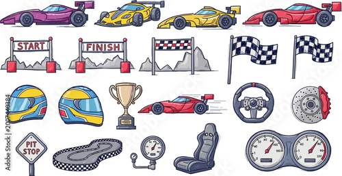 Photos Motorsport Racing Elements Set with Sports Cars, Helmets, Finish Line, Flags, Speedometers, and Track Icons for Automotive Competition and Game Design