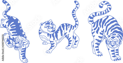 Foto Vector illustration of Asian tigers in Chinese and Korean styles/Linear doodle d