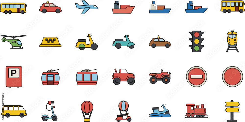 Obraz premium Transport and Vehicle Icon Set with Cars, Bus, Airplane, Ship, Train, Scooter, and Traffic Symbols for Urban Mobility and Travel Design Projects.