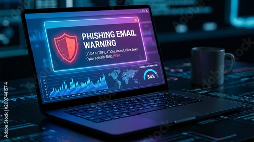 Laptop Screen Displays Phishing Email Warning Message.
