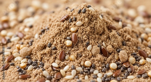 Close-up detailed texture of healthy protein powder with seeds and grains scattered around for organic supplement nutrition ingredient close up.