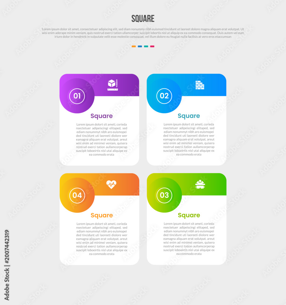 Fototapeta premium Square base shape infographics gradient template diagram with circle header badge on table box container with 4 point step creative