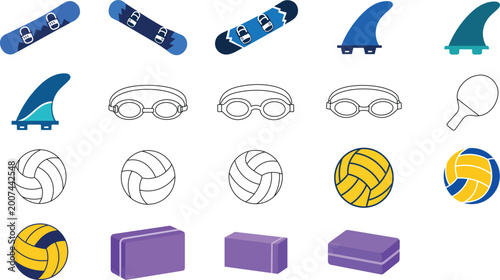 Hand-Traced Vector Icon Set Collection Bundle Featuring Snowboard Surfboard Fin Volleyball Water Polo Ball Swimming Goggles Table Tennis Paddle and Yoga Block for Sports Fitness and Wellness Design