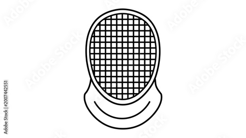 Professional fencing mask vector illustration with editable stroke and customizable line weight on white background, minimalist thin line icon for professional sports equipment catalogs and fencing