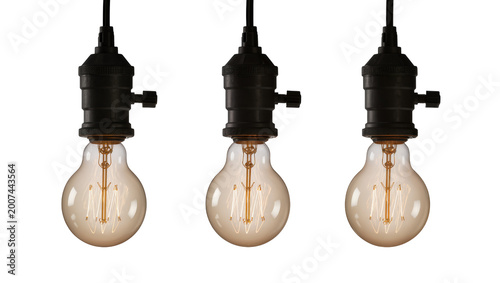 Obraz na płótnie Three vintage Edison light bulbs with coiled filaments, isolated on transparent