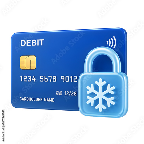 Blue Debit Card Secured With A Frosty Snowflake Padlock Icon Isolated On White Background With Wireless Payment Symbol