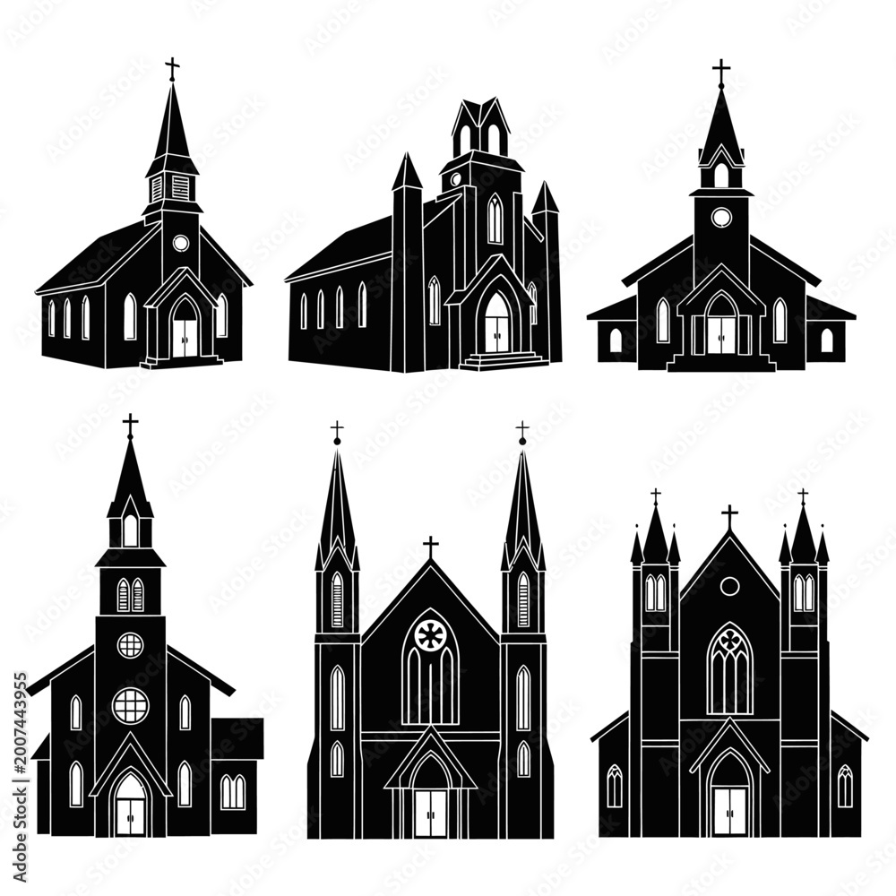 Fototapeta premium Set of Six Black Church Silhouettes - Gothic and Traditional Architectural Styles