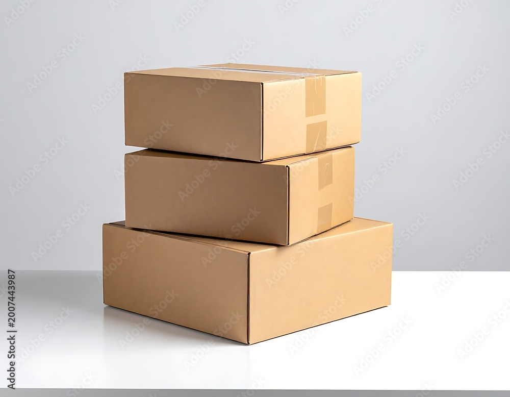 Fototapeta premium Three stacked cardboard boxes on white surface