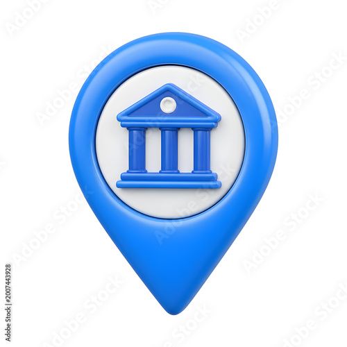 Blue Location Pin Icon With Classical Bank Building Symbol Inside Centered On White Circle Over Transparent Background 3D Render