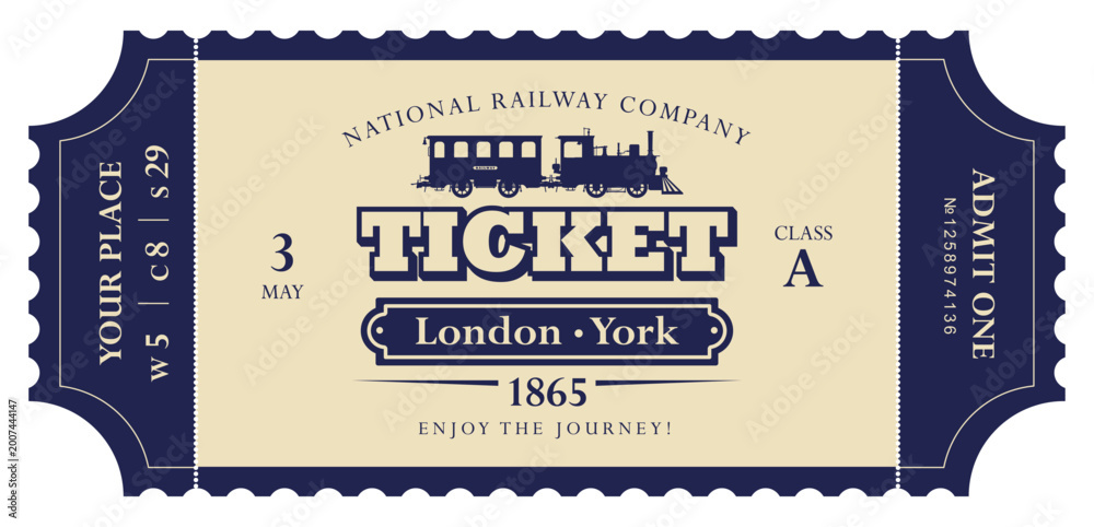 Fototapeta premium Vector retro train ticket template featuring a vintage steam locomotive and carriage, inscriptions, and dates. Premium version. 