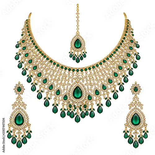 Intricate Gold Necklace and Earrings Set Adorned with Emeralds and Diamonds on Transparent Background