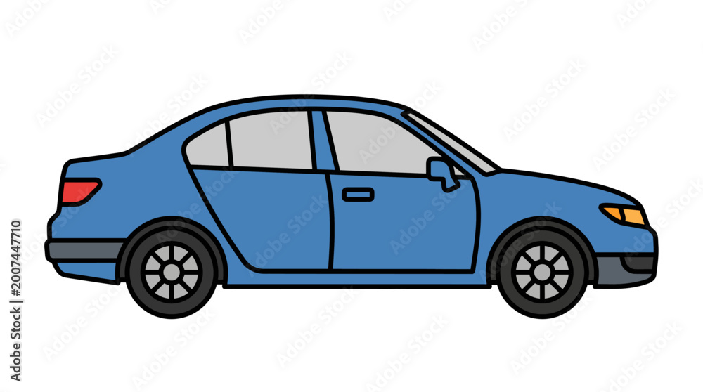 Fototapeta premium Blue sedan car illustration on a white background, a clean and simple depiction of a vehicle