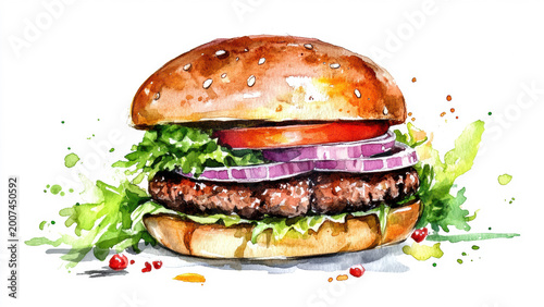 Watercolor Burger For Fast Food Restaurant Menu And Graphic Design