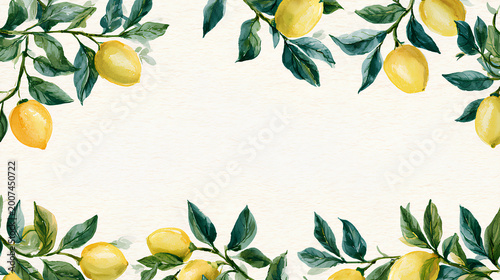 Watercolor lemon border with lush branches and green leaves showcasing delicate botanical frame cottagecore aesthetic and elegant invitation design