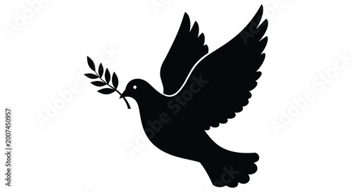 Schilderij op canvas A black silhouette of a dove carrying an olive branch in its beak