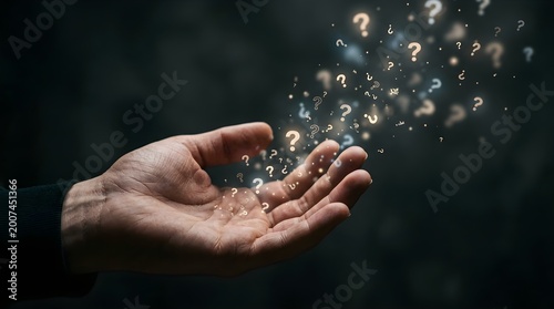 Hand with Glowing Question Marks Floating in Air, Concept for Curiosity, Doubt, and Seeking Solutions.