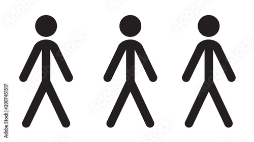 Three Black Stick Figures Walking On White Background For Illustration Concepts