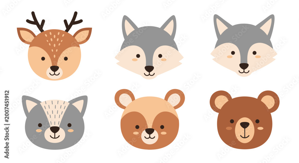 Fototapeta premium Set of cute cartoon forest animal faces including deer, wolf, raccoon, and bears.