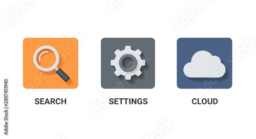 Obraz na płótnie Three app icons: search, settings, and cloud storage