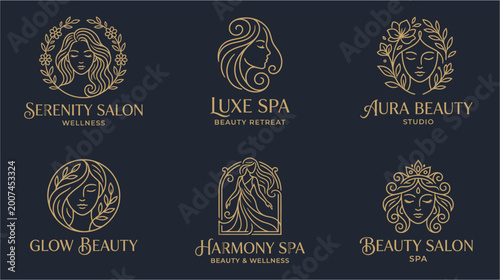 Bilde på lerret A collection of six elegant, linear gold logos for beauty salons, spas, and wellness centers, featuring stylized female faces and natural elements on a dark background