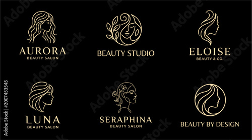 Six elegant golden line art logos featuring female profiles and floral elements for beauty salons and studios on a black background.