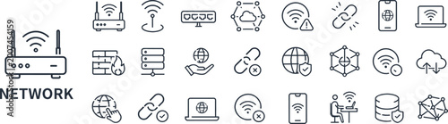 Bild auf Leinwand Network and Connectivity Line Icons Set for Internet, Communication, and Digital