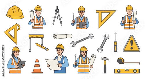 Construction workers and engineering tools illustration