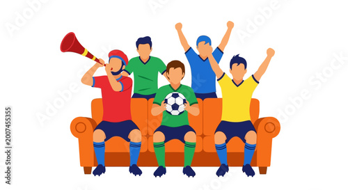 Group of soccer fans cheering while sitting on a sofa at home