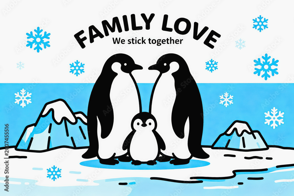 Obraz premium A flat cartoon illustration of a penguin family standing on an icy polar landscape, with warm family love theme text above them.