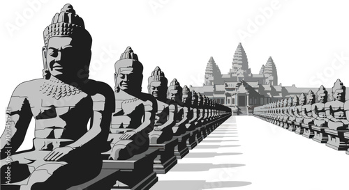 Tableau sur toile Angkor Wat Temple Complex with Rows of Stone Statues, Cambodia