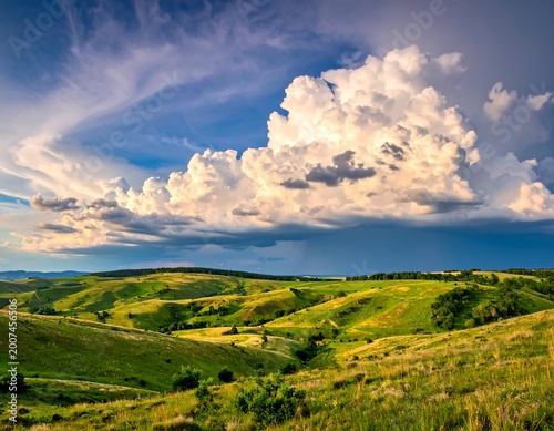 Rolling green hills under a dramatic, sunlit cloudscape with distant rain