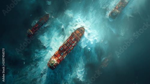 Global trade disruption with container ships amidst turbulent waters