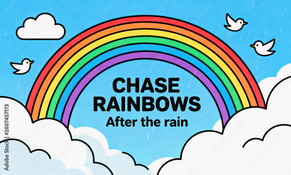Fototapeta premium This cute flat vector illustration features a rainbow over fluffy clouds with flying birds, paired with an inspirational quote about chasing hope after hardship.