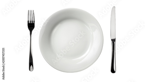 Obraz na plátne White ceramic plate with polished metal fork and knife, isolated on transparent