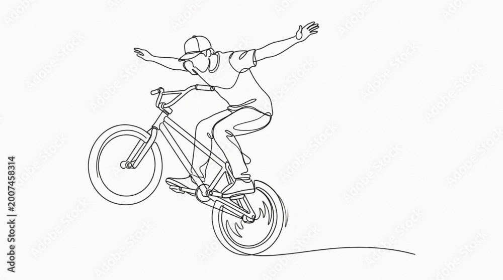 Fototapeta premium Continuous one line BMX rider trick poses vector set with freestyle cycling stunts and dynamic motion for extreme sports and youth culture concepts