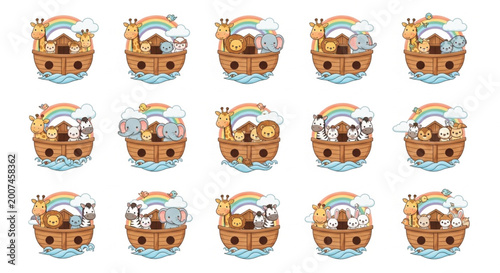 Принти на полотні Continuous one line cute animal ark boat vector set with rainbow and playful wil
