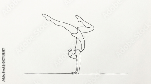 Foto Continuous one line female gymnast handstand poses vector set with elegant balan