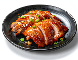 Vibrant authentic culinary photography showcasing a dark plate filled with juicy sliced roasted duck coated in a rich sweet and savory glaze.
