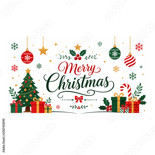 Merry christmas greeting with decorated tree, gifts, ornaments, and candy canes holiday festive celebration
