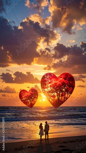 Romantic image of a couple holding hands on a beach during sunset. Two large heart-shaped formations hang in the sky