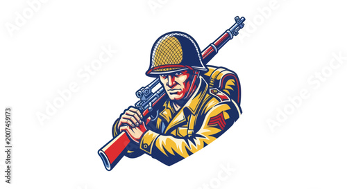 WWII Soldier with Rifle and Helmet, Vintage Military Illustration