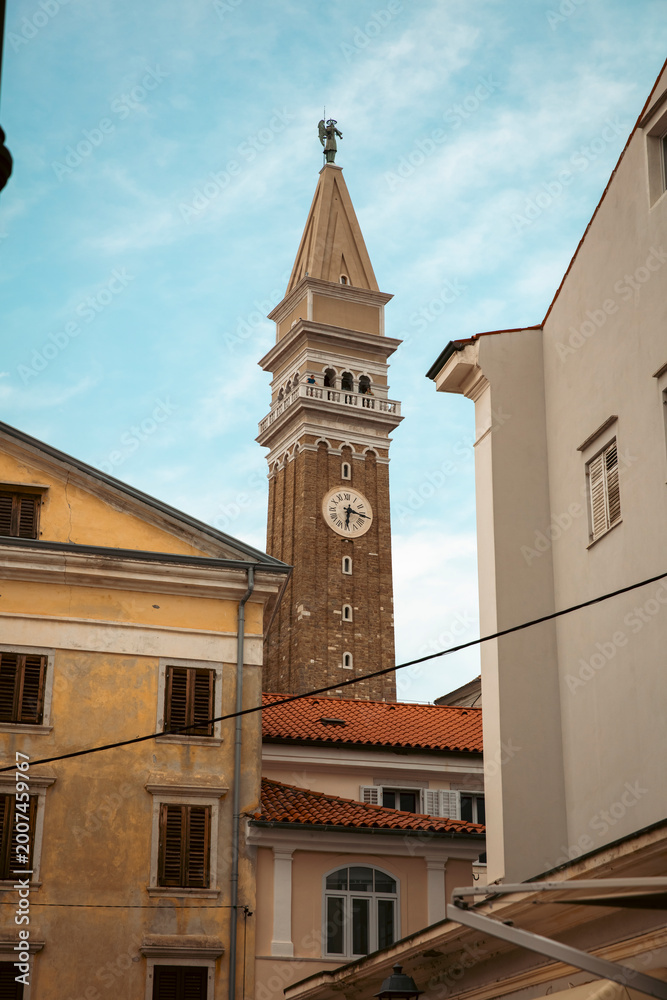 Fototapeta premium Piran, Croatia, 19th August 2025, old historic clock tower