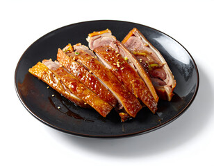 Exquisite traditional Asian food photography capturing a shiny glazed roasted meat dish sliced perfectly on a dark plate with green garnish.