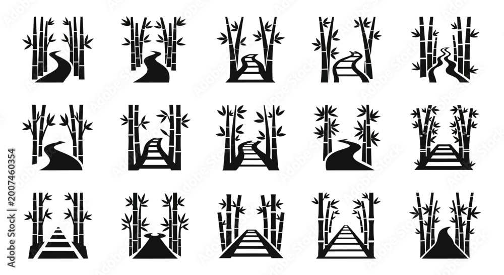 Naklejka premium Bamboo Forest Path Icons: Zen Journey, Nature Trail, Serene Landscape