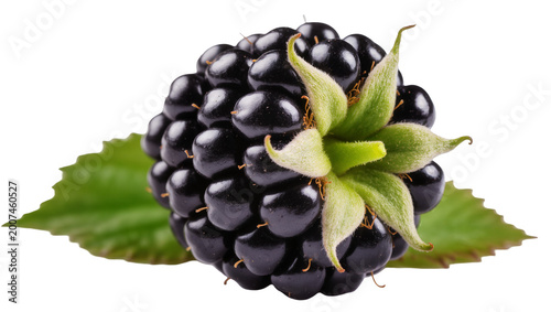 Canvastavla Ripe juicy blackberry with green leaves and sepals, isolated on transparent back