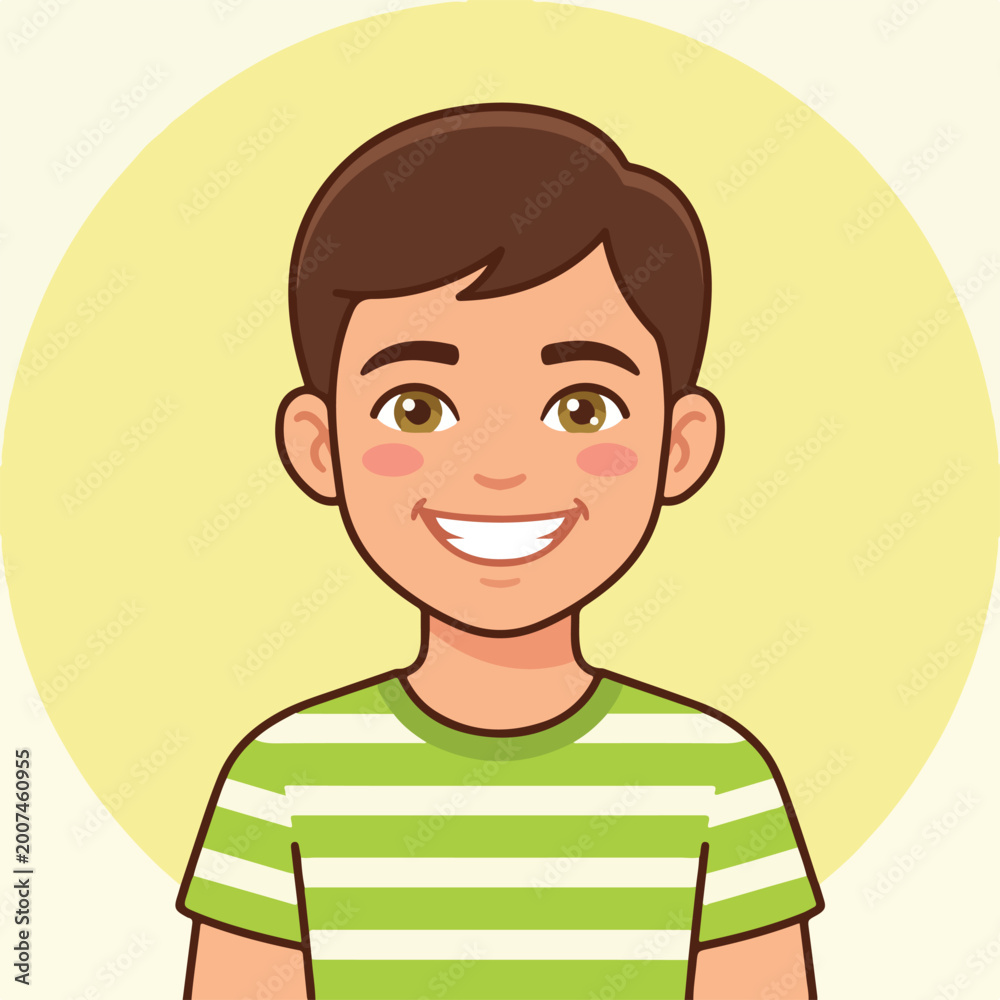 Obraz premium Cartoon portrait of a smiling young boy with brown hair wearing a green striped t-shirt.